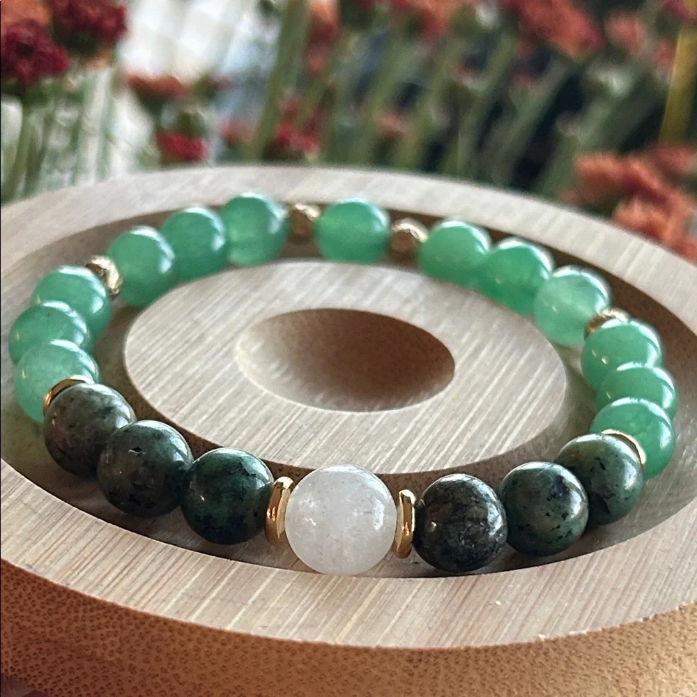 Handmade Green Aventurine + African Turquoise Jasper +Moonstone Beaded Bracelet*